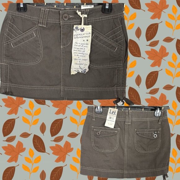 L.e.i Jrs 1 Expresso Brown Button Zip Front Pockets Tie Ruched Sides Mini Skirt - Picture 1 of 5